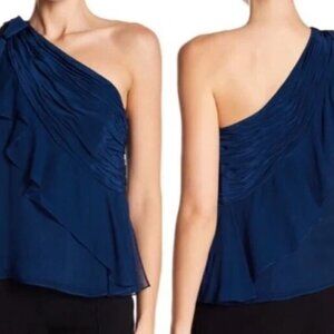 CINQ A SEPT Caspian Lapis Blue Silk Georgette One Shoulder Ruffle Top